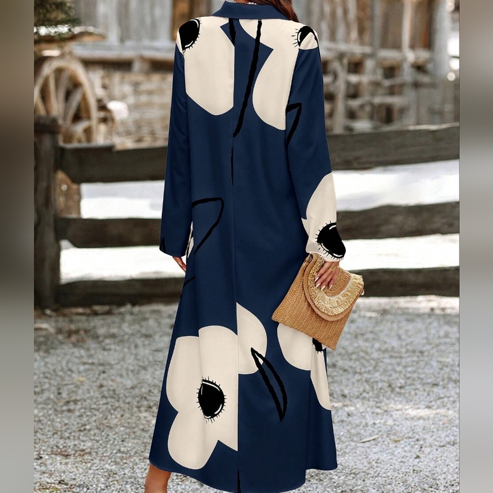 Women Long Sleeve Button Front Printed Mid-Length Casual Dress, Rand - Picture 3 of 4